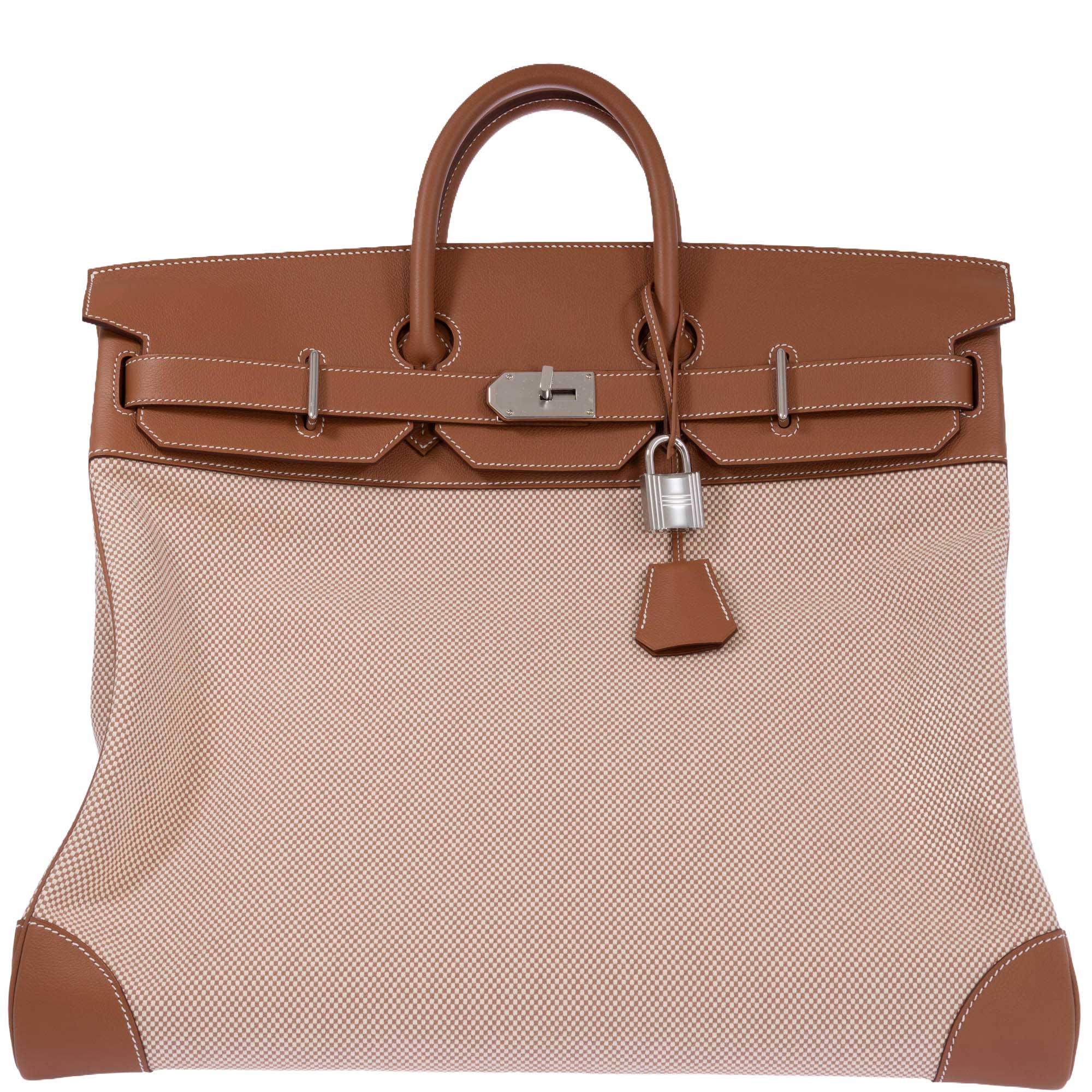 Hermès HAC 50 Ecru Beige Toile Criss and Gold Evercolor Palladium Hardware