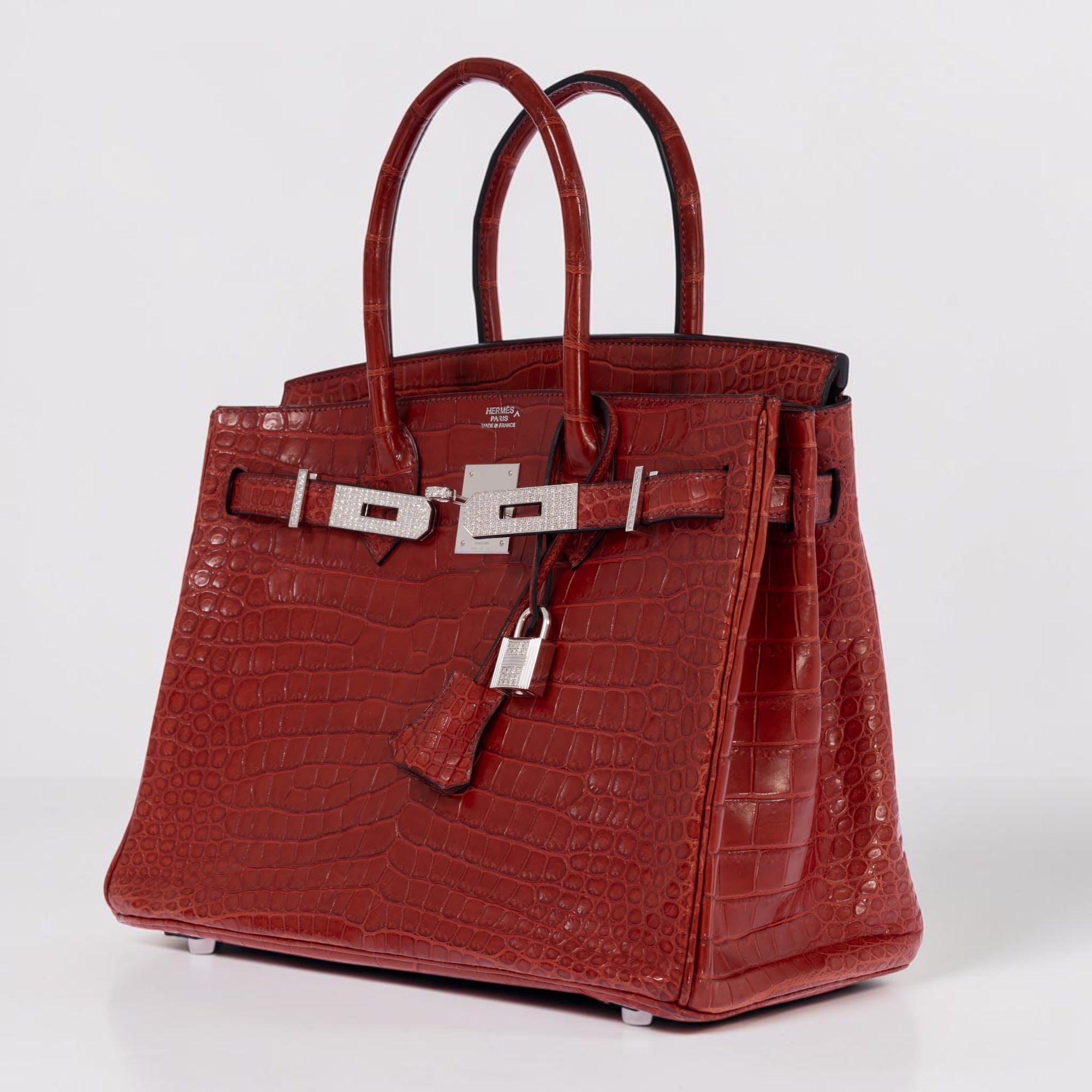 Hermès Birkin 30 Rouge H Matte Porosus Crocodile 18K White Gold and Diamond Hardware