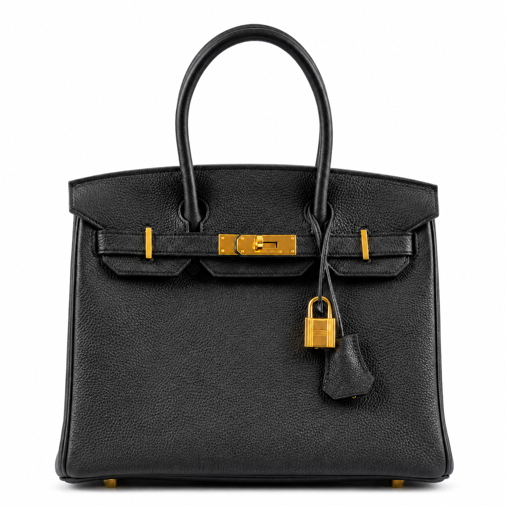 Hermès Birkin 30 Noir Togo Gold Hardware, front view on pure white background
