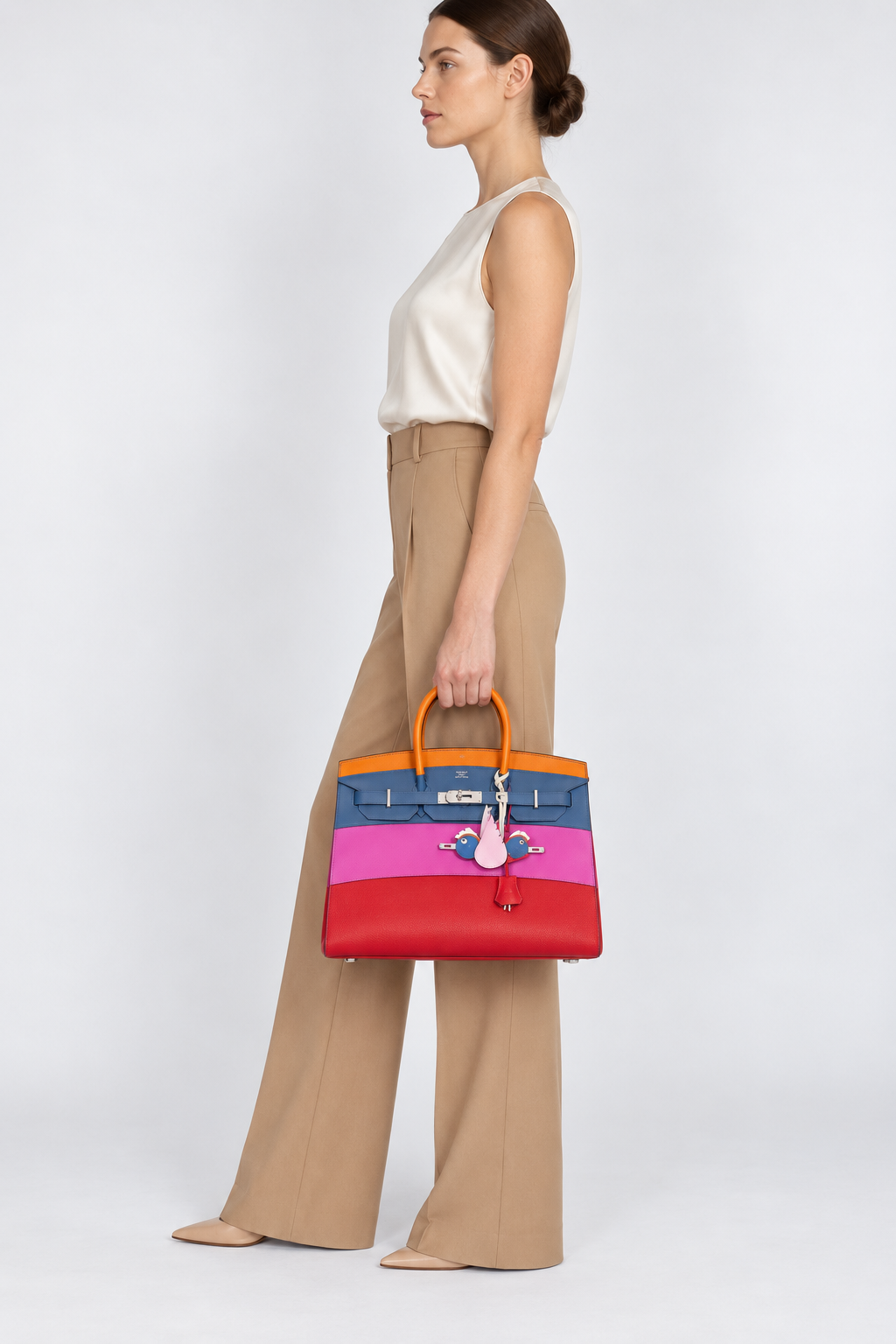Hermès Birkin 35 Sellier Rainbow Sunset in Epsom with palladium hardware, carried at the side by a model in an ivory top and camel trousers, studio profile view.