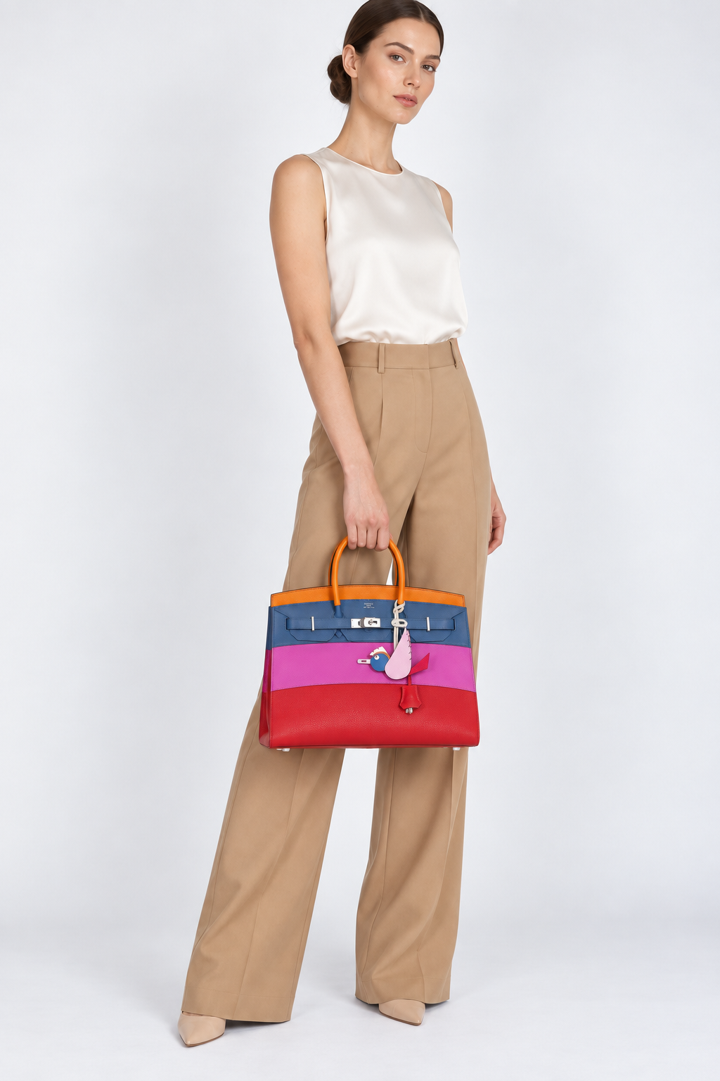 Hermès Birkin 35 Sellier Rainbow Sunset in Epsom with palladium hardware, carried by a model in an ivory top and camel trousers, three-quarter studio view.