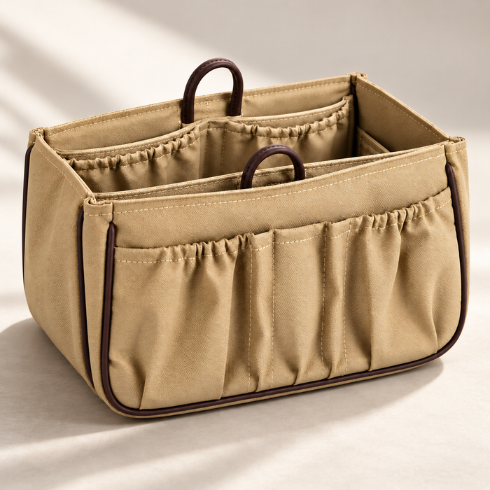 JaneFinds Baginizer structured handbag organizer in beige canvas with brown piping, shown at a three-quarter angle with exterior pockets and open interior.