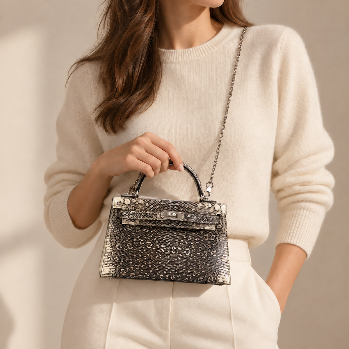 Model holding a Hermès Kelly 20 Mini II Sellier Ombré Lizard bag with palladium hardware and a silver-tone shoulder chain, styled with an ivory knit and trousers.
