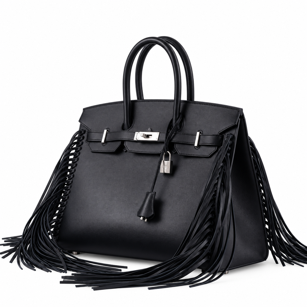 Hermès Birkin 35 Sellier Anate Fringe Noir Evercolor with Palladium hardware, front three-quarter hero on white with a soft bottom shadow