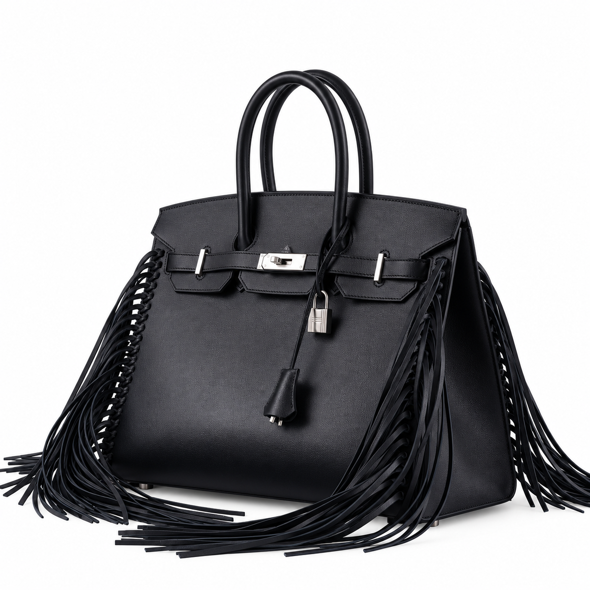 Hermès Birkin 35 Sellier Anate Fringe Noir Evercolor with Palladium hardware, front three-quarter hero on white with a soft bottom shadow