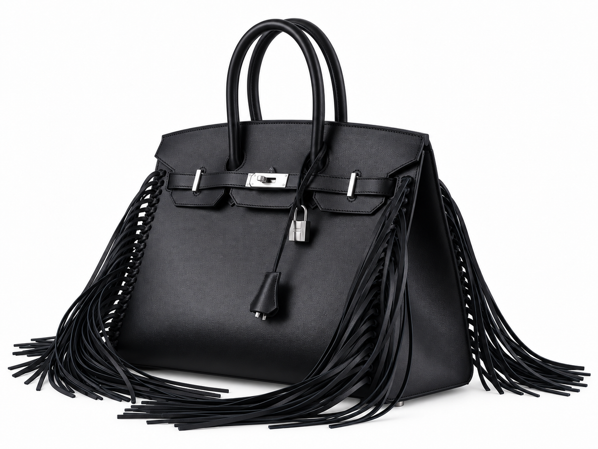 Hermès Birkin 35 Sellier Anate Fringe Noir Evercolor Palladium Hardware, front three-quarter studio view on white