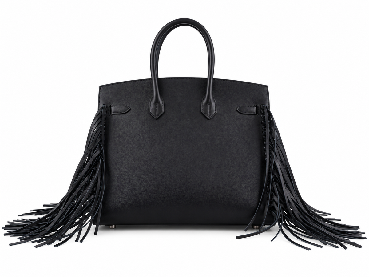 Hermès Birkin 35 Sellier Anate Fringe Noir Evercolor Palladium Hardware, rear view with braided side seams and long fringe
