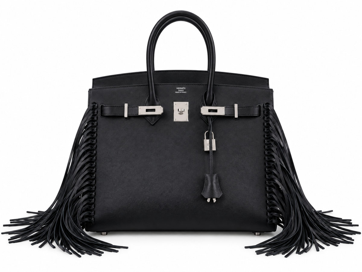 Hermès Birkin 35 Sellier Anate Fringe Noir Evercolor Palladium Hardware, straight-on front view with the flap open and sangles unfastened