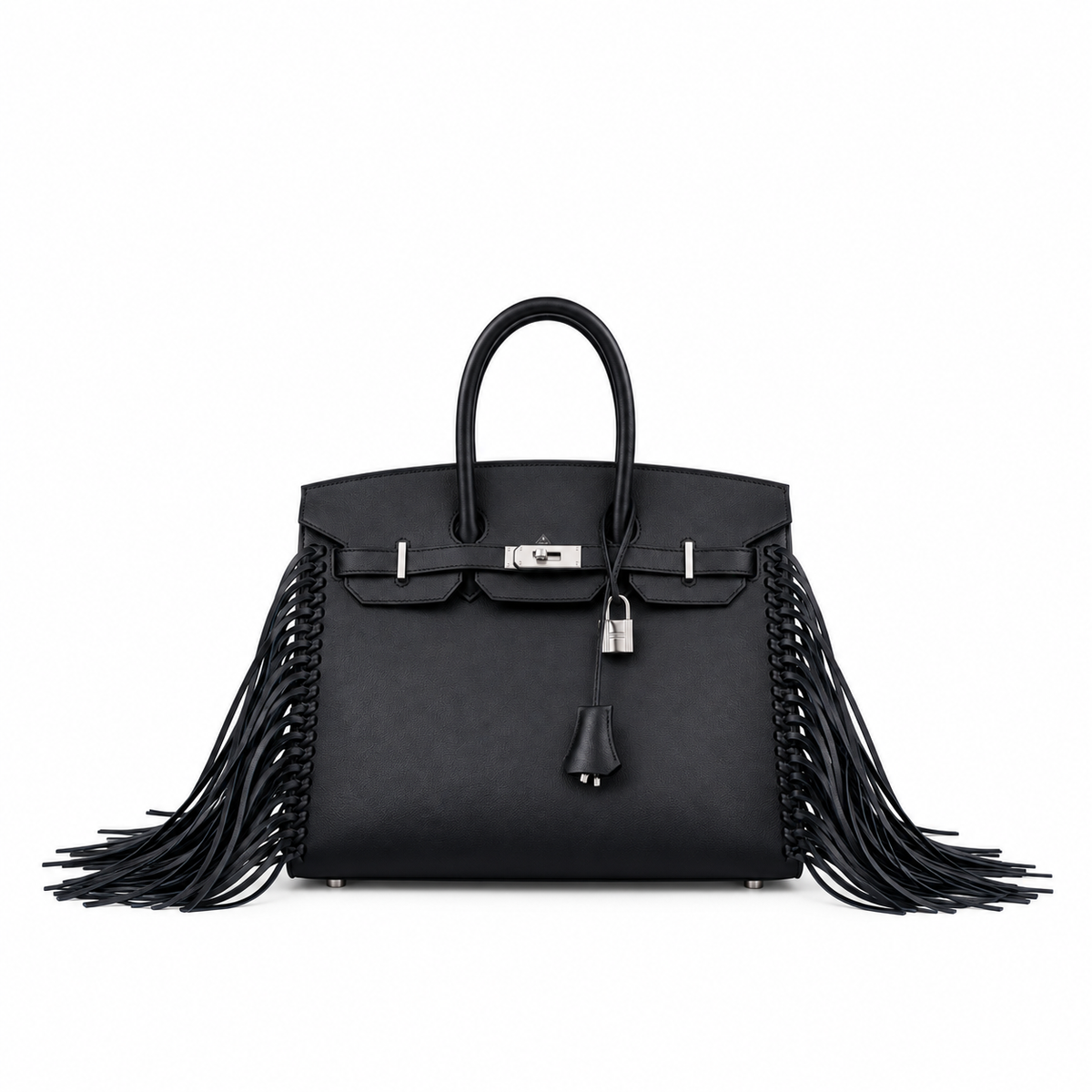 Hermès Birkin 35 Sellier Anate Fringe Noir Evercolor Palladium Hardware, centered closed-front view with generous white space