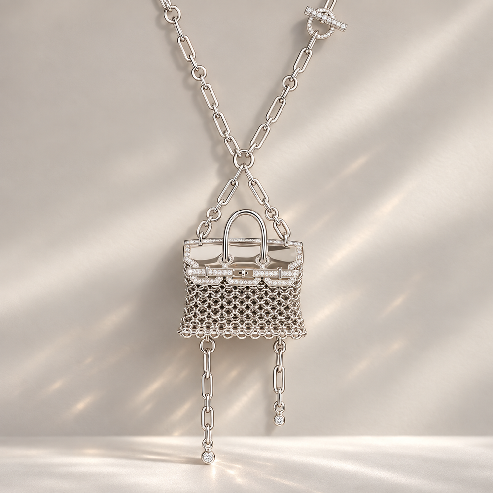Hermès Birkin Bijou Précieux 18K White Gold Diamond Chain Mail Necklace, square front-view studio hero