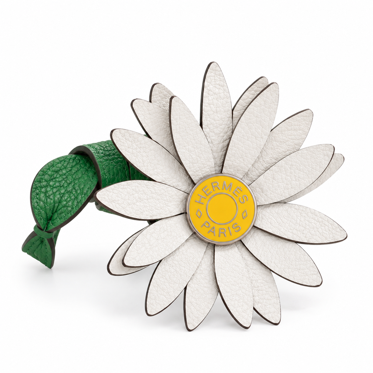 Hermès Marguerite Daisy Charm White Jaune de Naples Bambou, standalone square studio image on a white background