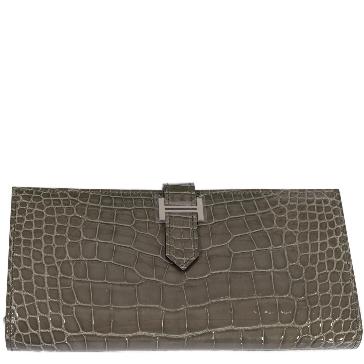 Hermès Béarn Soufflet Gris Ciment Shiny Alligator Palladium Hardware, front view