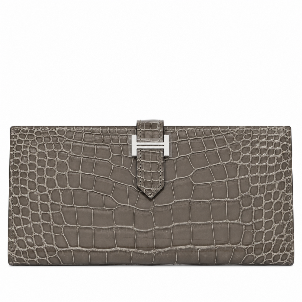 Hermès Béarn Soufflet Gris Ciment Shiny Alligator Palladium Hardware