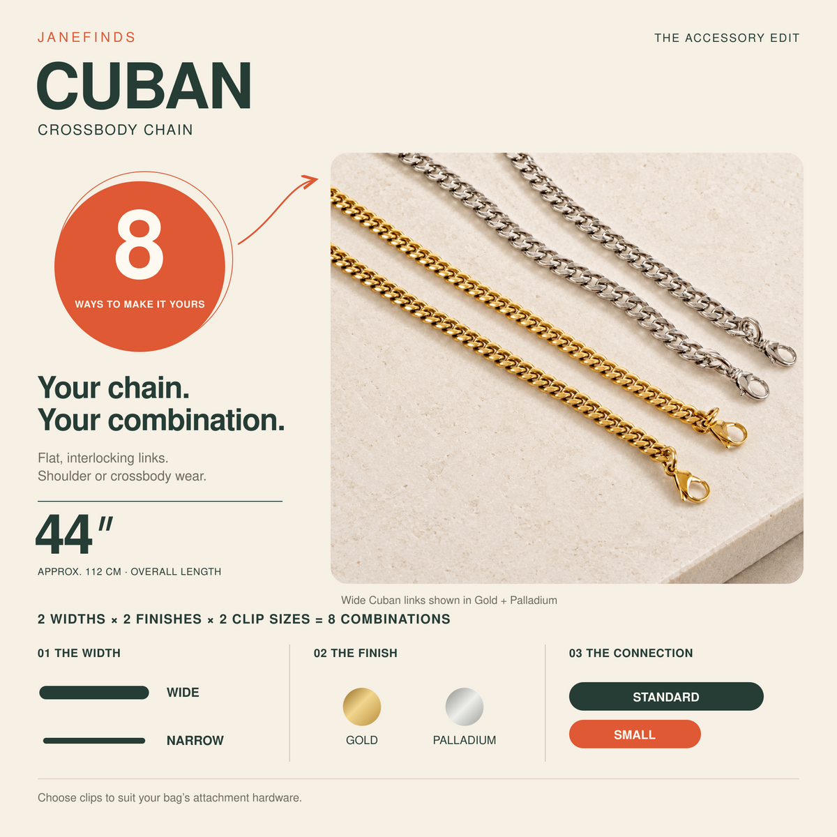 JaneFinds cuban infographic with eight width, finish and clip combinations; 44-inch overall length, in warm ivory, orange and deep green.