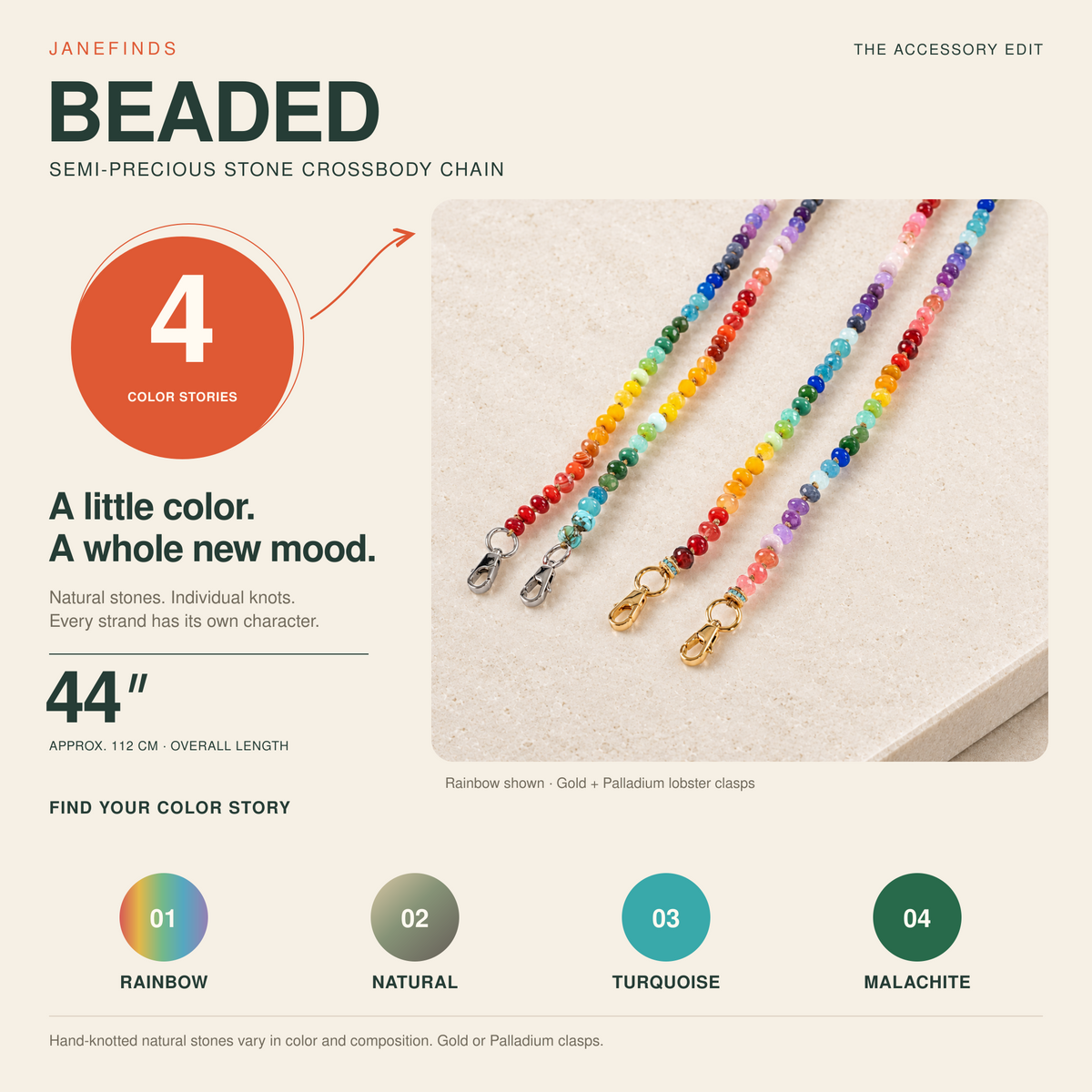 JaneFinds beaded infographic with four colorways and 44-inch overall length, in warm ivory, orange and deep green.