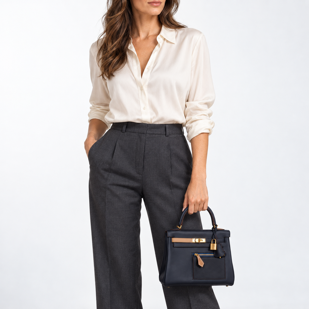 Hermès Colormatic Kelly 25 in Bleu Nuit with tan detailing and gold hardware, carried by the top handle on a human model in an ivory blouse and charcoal trousers.