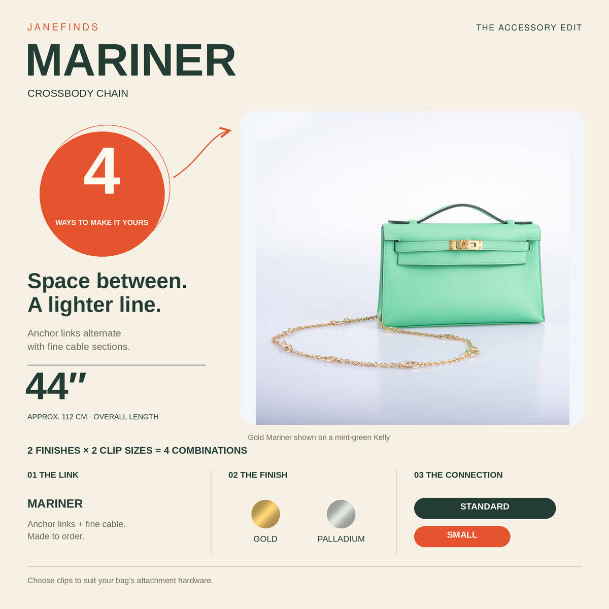 JaneFinds Mariner infographic: 44-inch overall length, approximately 112 cm; alternating anchor and cable links; Gold or Palladium and Small or Standard clips.