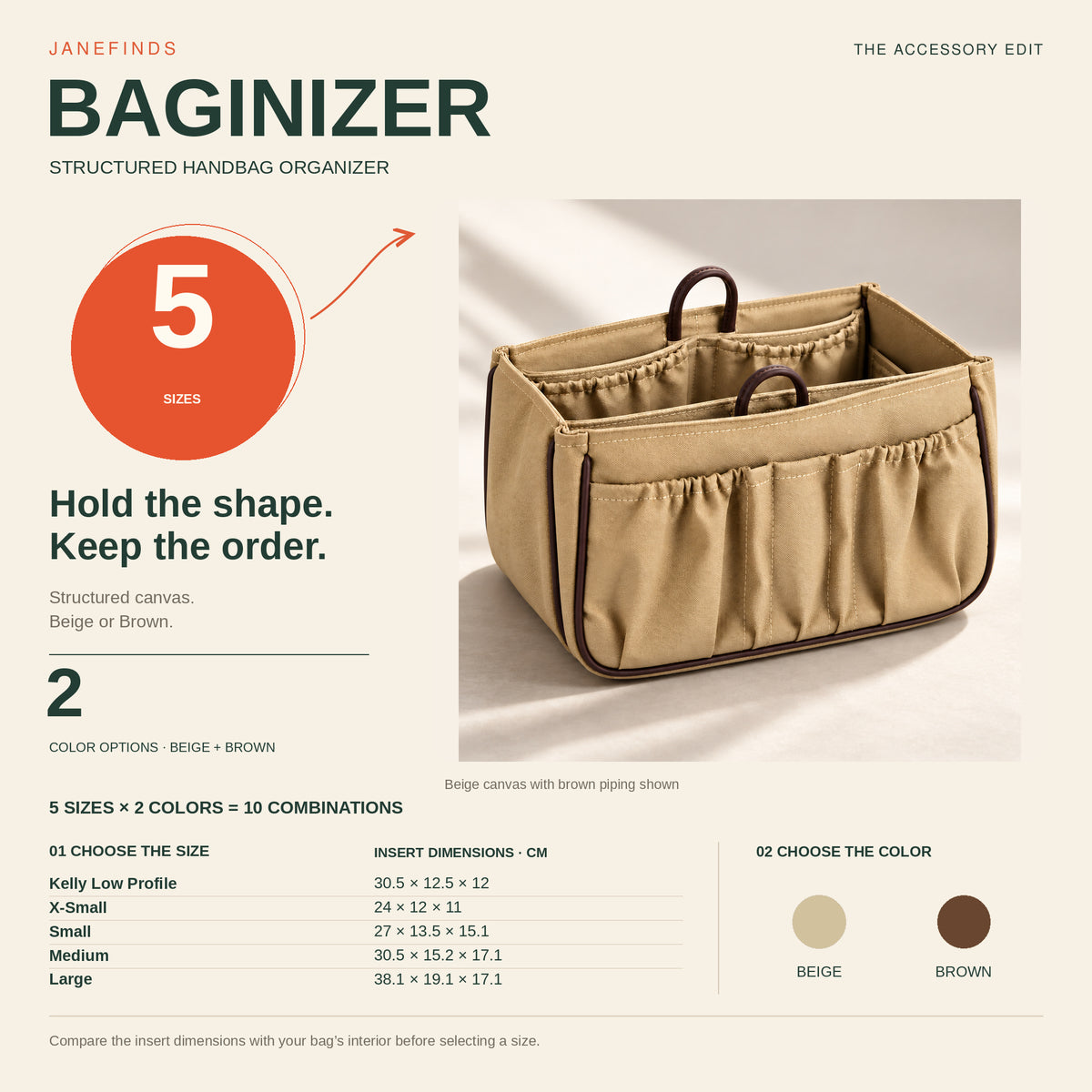 Baginizer sizing infographic with five canvas insert sizes and their dimensions in centimeters, plus Beige and Brown color choices.