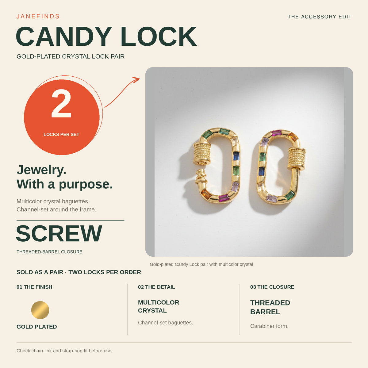 The Candy Lock infographic: set of two gold-plated carabiner locks, multicolor channel-set crystal baguettes and threaded-barrel closure.