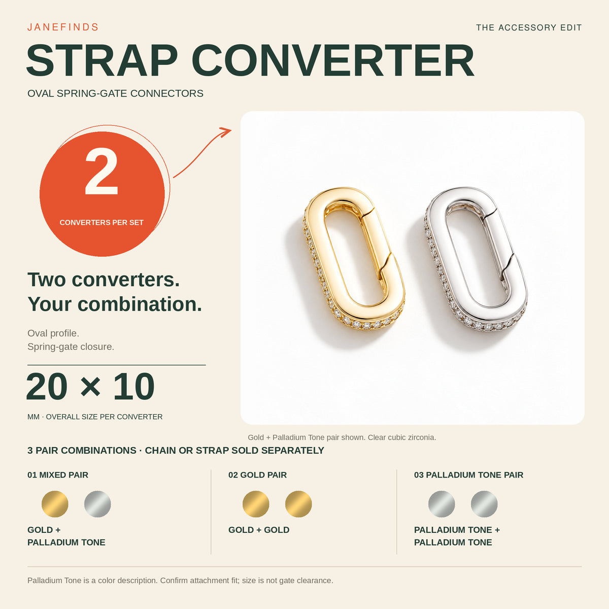 The Strap Converter infographic: two 20 by 10 mm oval spring-gate converters per set, with mixed, Gold + Gold or Palladium Tone + Palladium Tone pair choices.