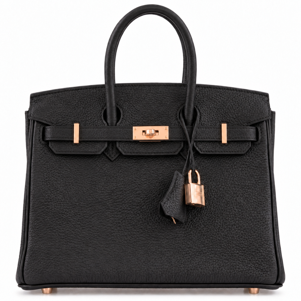 Hermès Birkin 25 Noir Togo with rose gold hardware, fully closed with sangles fastened through their brackets and center turnlock, clochette and padlock hanging