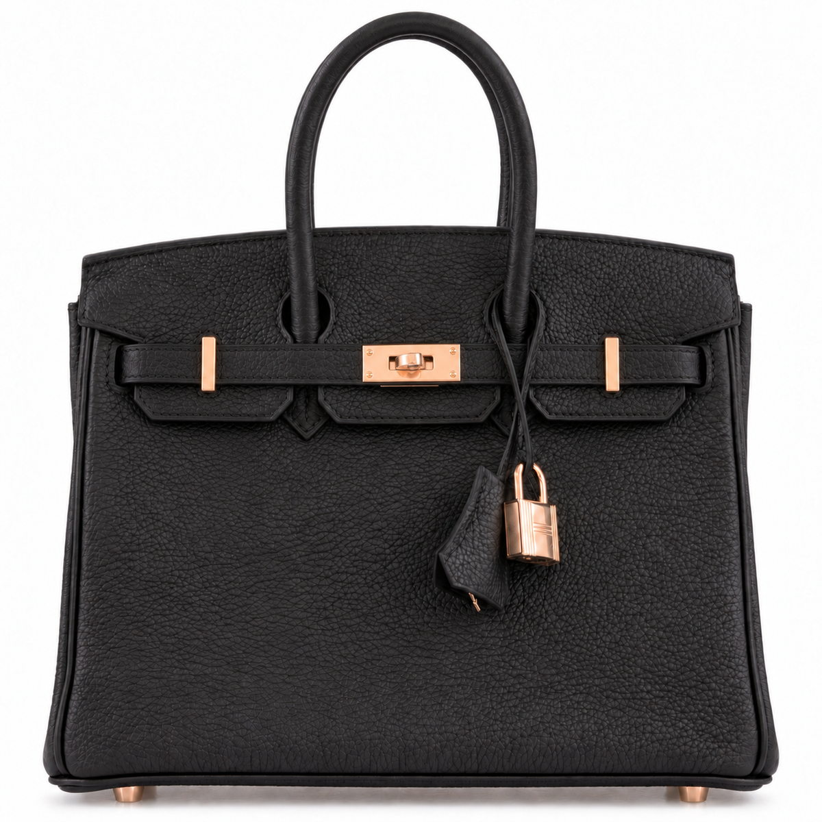 Hermès Birkin 25 Noir Togo with rose gold hardware, fully closed with sangles fastened through their brackets and center turnlock, clochette and padlock hanging
