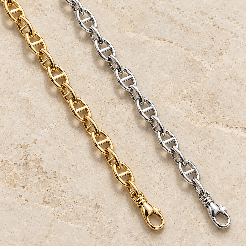 JaneFinds Full Mariner chain detail in Gold and Palladium, showing rounded anchor links interlocking in alternating orientations and swivel lobster clasps.
