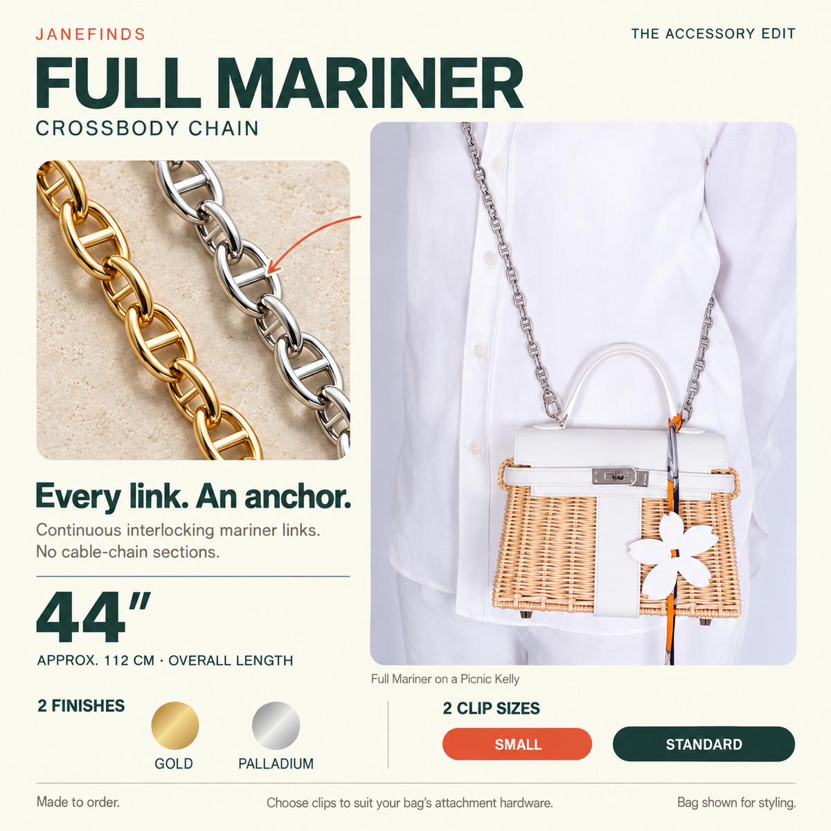 JANEFINDS Full Mariner guide with continuous interlocking anchor-link detail and styling on a Picnic Kelly; 44 inches, approximately 112 cm overall, Gold or Palladium, Small or Standard clips.
