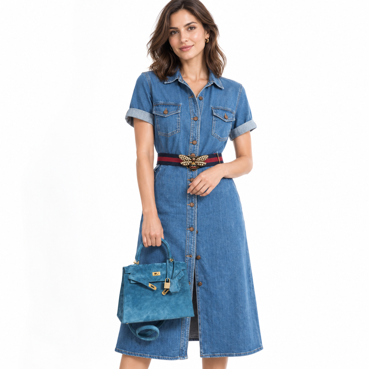 Hermès Kelly 25 Blue Thalassa Suede Gold Hardware carried by hand by a model in a white studio