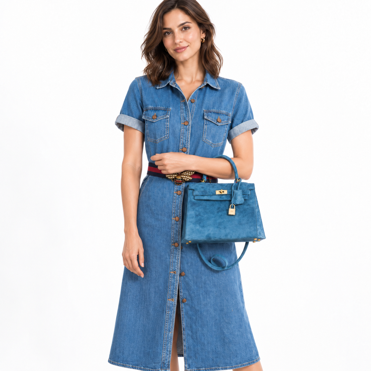 Hermès Kelly 25 Blue Thalassa Suede Gold Hardware carried on the forearm by a model in a white studio