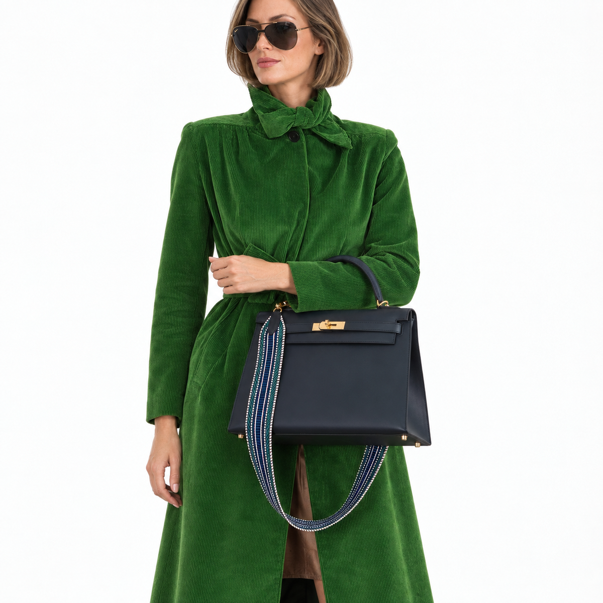 Hermès Kelly 32 Sellier Bleu (Blue) Obscur Veau Sombrero Gold Hardware worn by a woman in a white studio