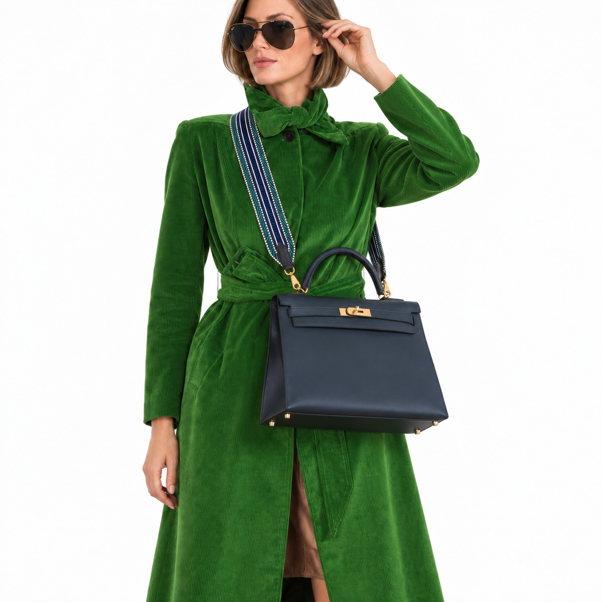 Hermès Kelly 32 Sellier Bleu (Blue) Obscur Veau Sombrero Gold Hardware worn by a woman in a white studio