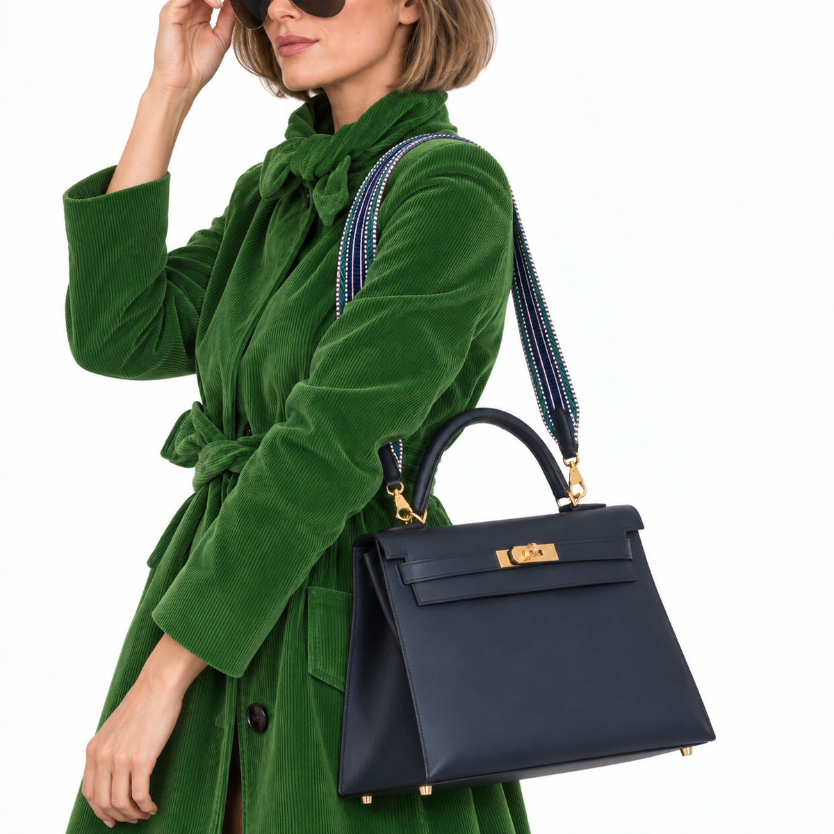 Hermès Kelly 32 Sellier Bleu (Blue) Obscur Veau Sombrero Gold Hardware worn by a woman in a white studio
