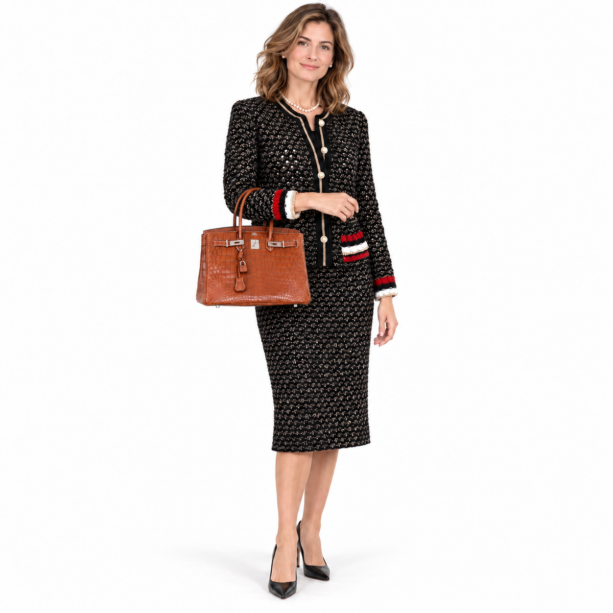 Hermès Birkin 35 Fauve Niloticus Crocodile with palladium hardware carried by a woman in black tweed in a white studio