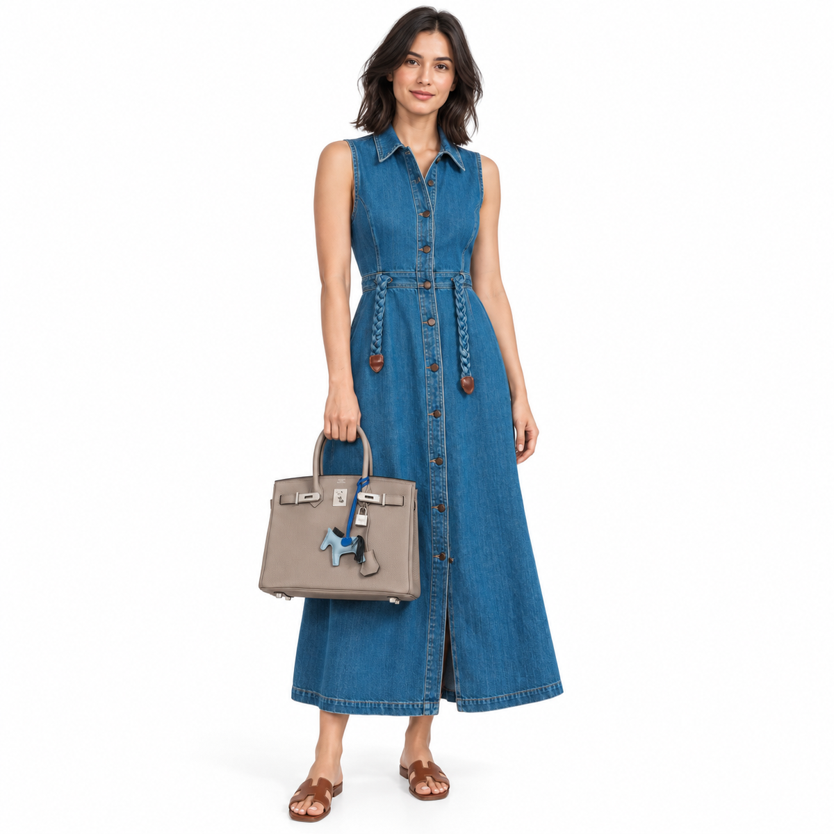 Hermès Birkin 30 Gris Asphalte Togo with palladium hardware and blue Rodeo charm, carried by a human model in a denim dress on white.