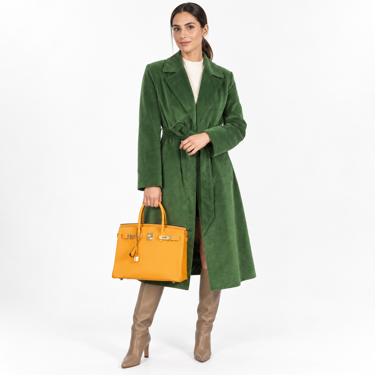 Hermès Birkin 30 Jaune D’Or and Blue Marine carried by a model wearing a green coat in a white studio