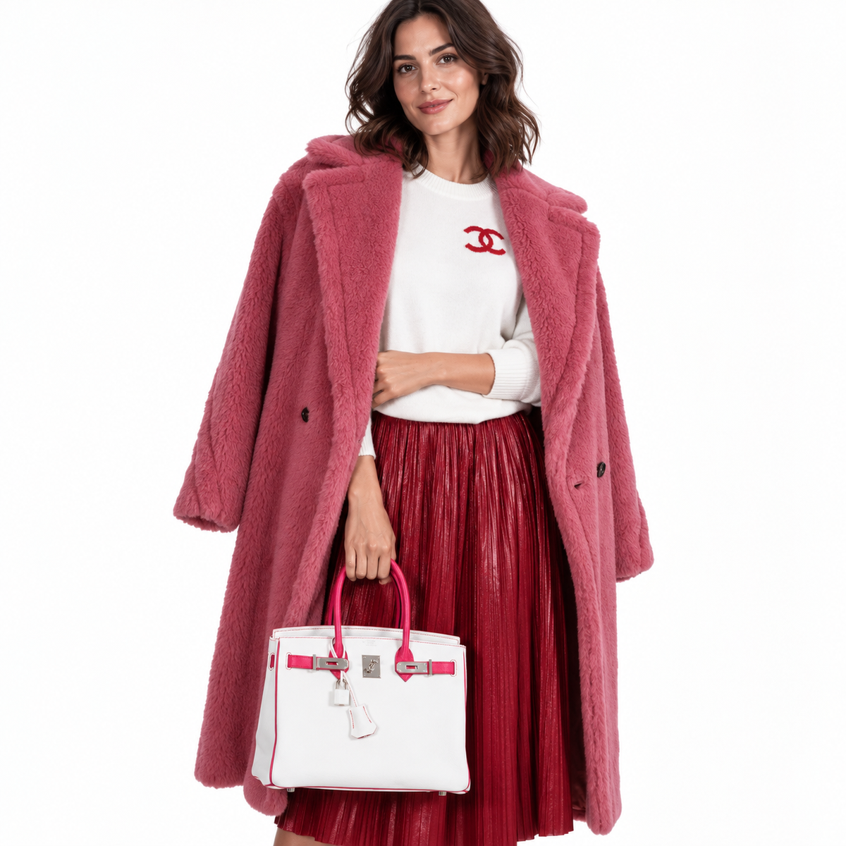 Hermès Birkin 30 HSS Multico White & Fuchsia Chèvre Palladium Hardware carried by a woman in a white studio