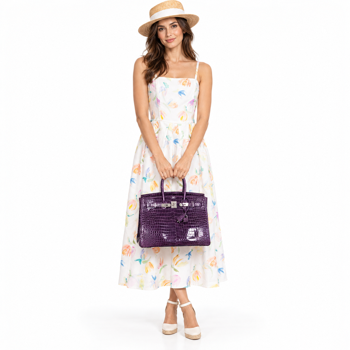 Hermès Birkin 35 Amethyst Porosus Crocodile with Palladium Hardware shown on a model in a white studio.