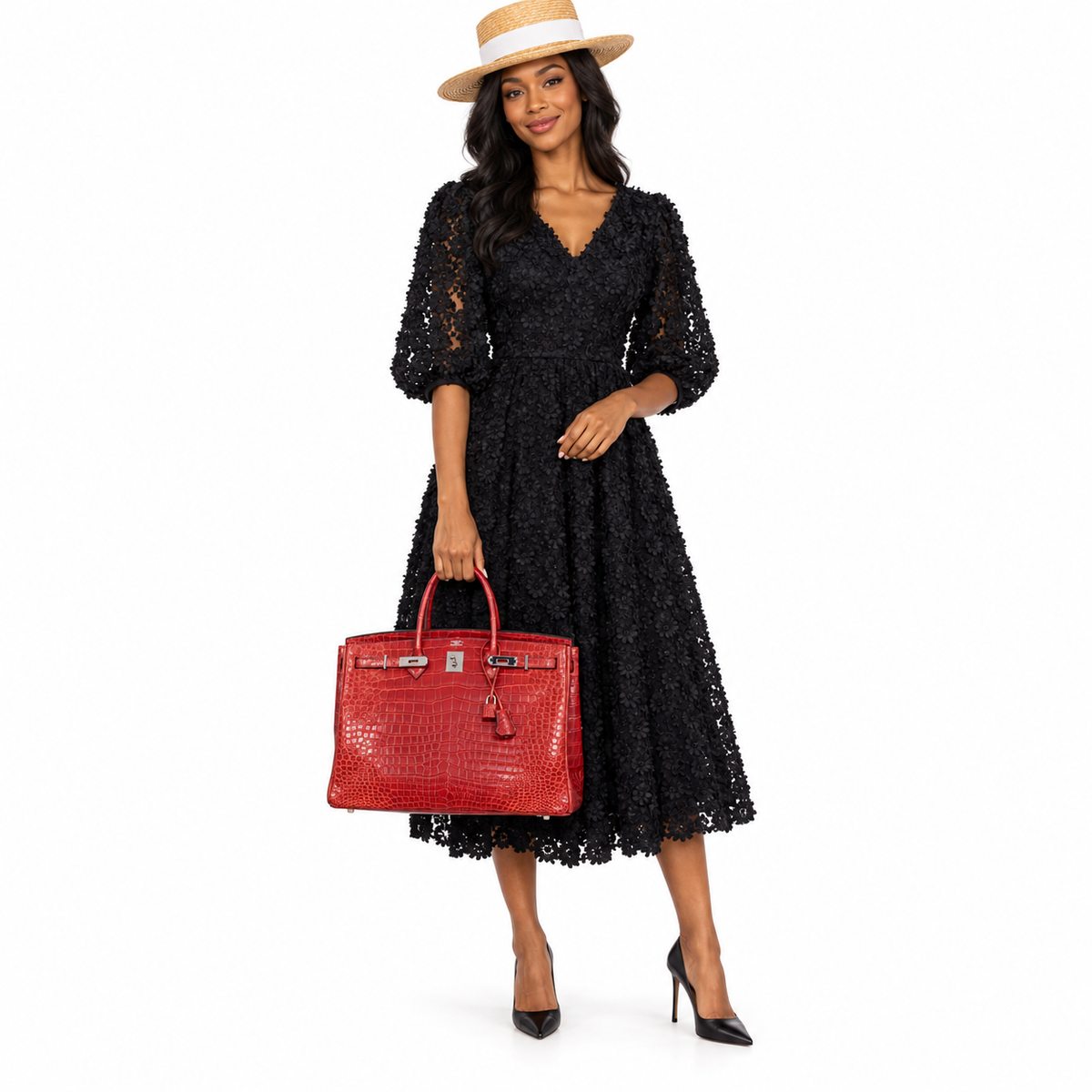 Hermès Birkin 40 Rouge H Matte Porosus Crocodile with Palladium Hardware shown on a model in a white studio.