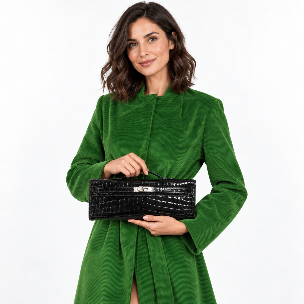 Hermès Kelly Cut in black Niloticus crocodile with palladium hardware, held by a model in a white studio