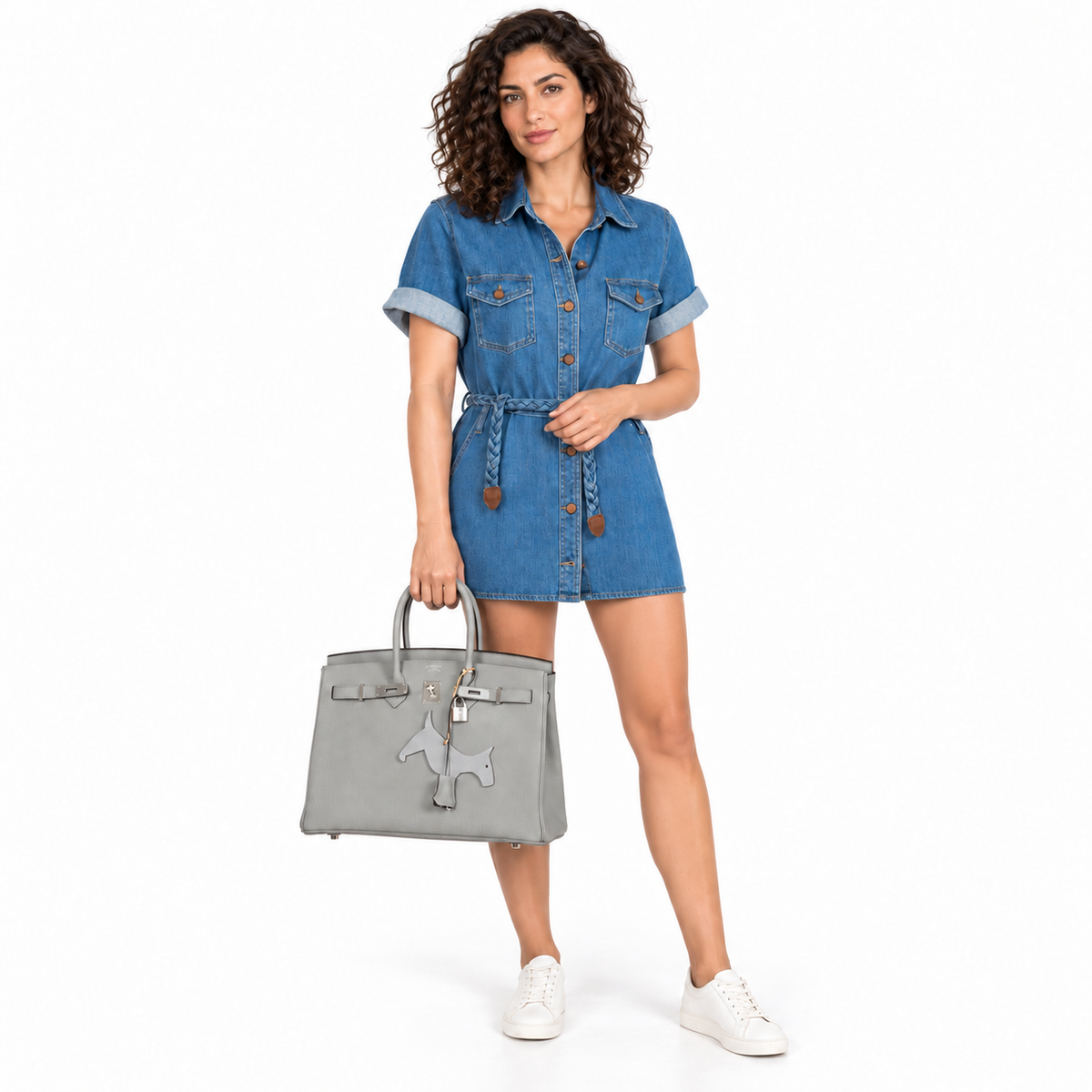 Hermès Birkin 35 Gris Mouette and Vert Foncé Togo palladium hardware held by the handles in a white studio