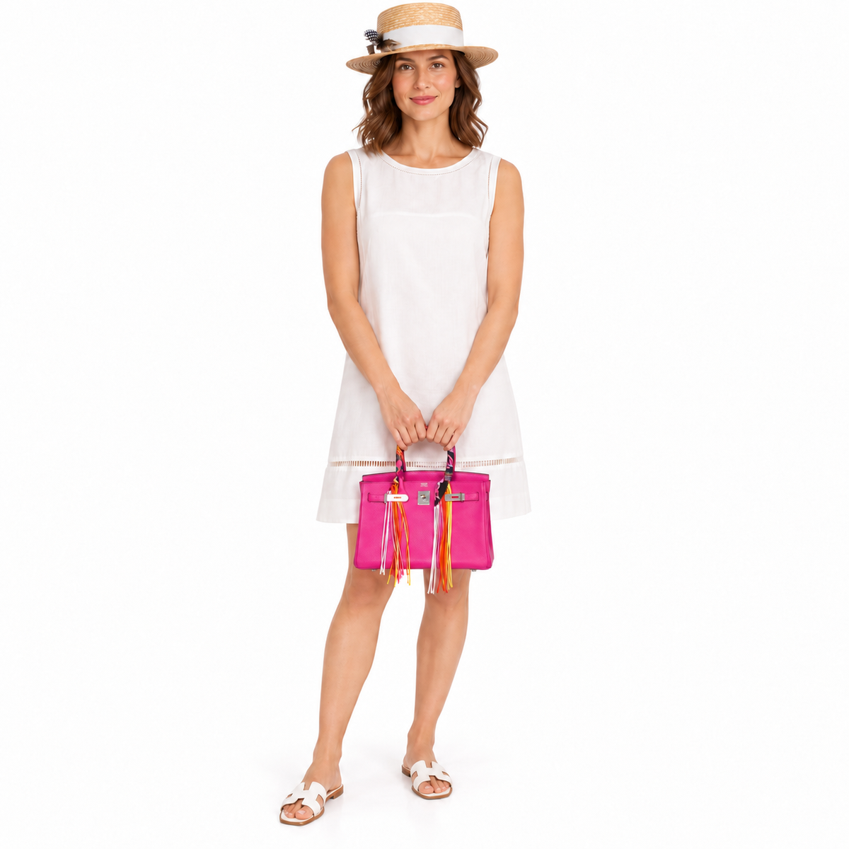 Hermès Birkin 30 Candy Collection Rose Tyrien Chèvre Palladium Hardware on a model in a white studio