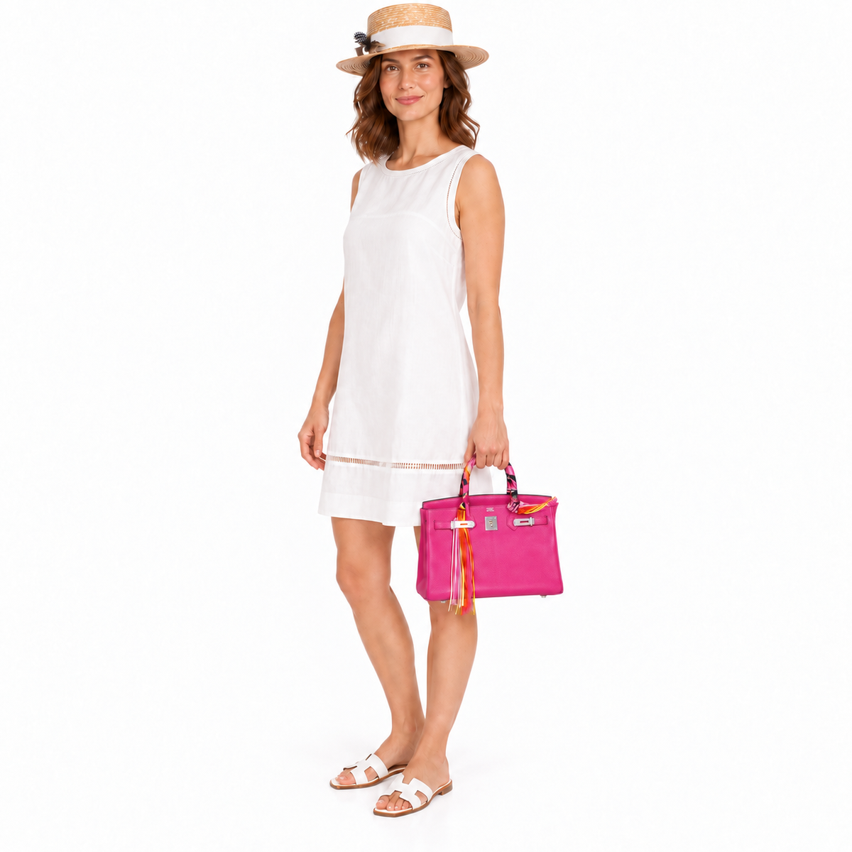 Hermès Birkin 30 Candy Collection Rose Tyrien Chèvre Palladium Hardware on a model in a white studio