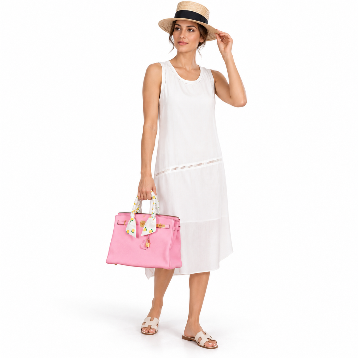 Hermès Birkin 35 Bubblegum Pink with gold hardware carried by a model