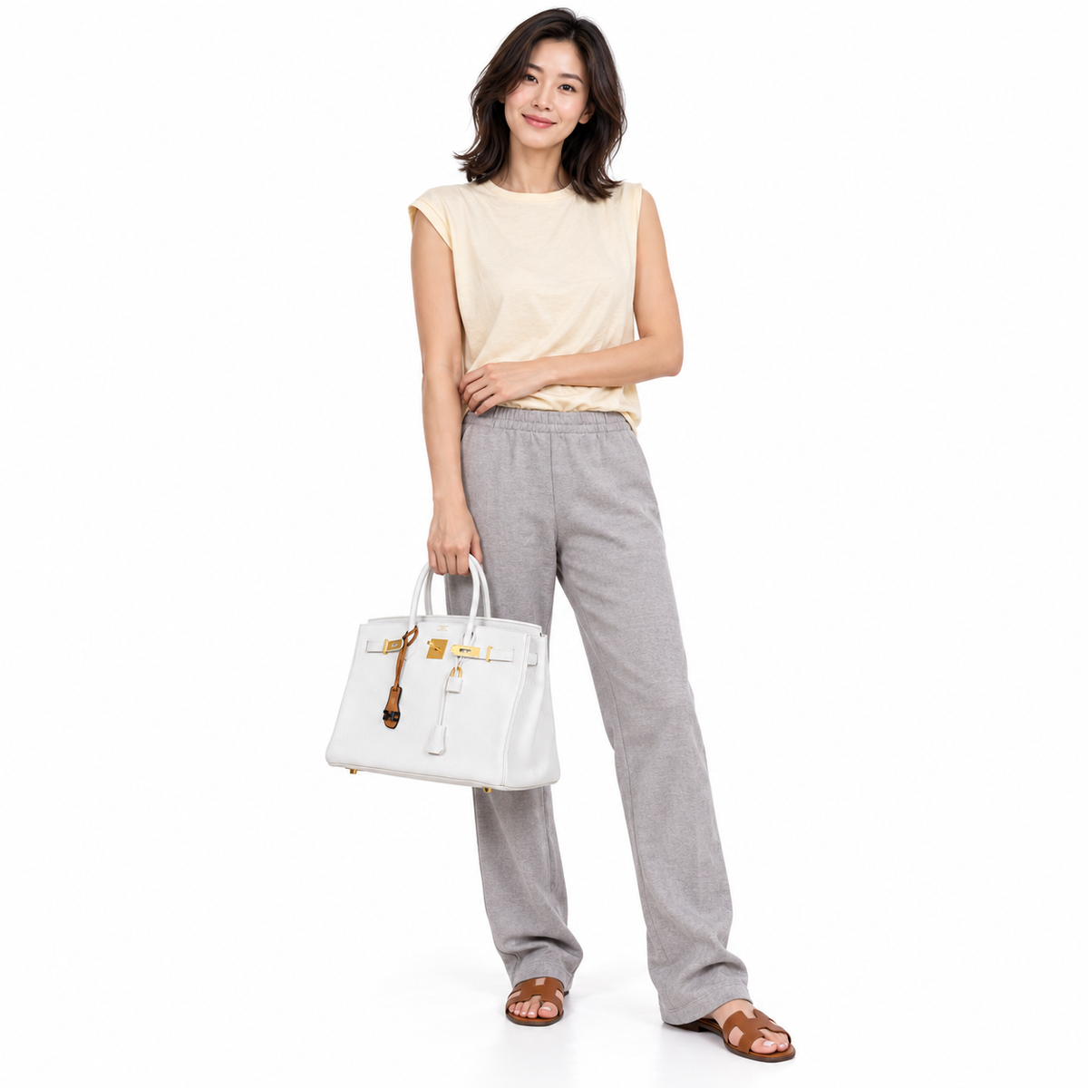 Hermès Birkin 35 HSS White Clemence Leather Brushed Gold Hardware shown on a realistic human model in a white studio.