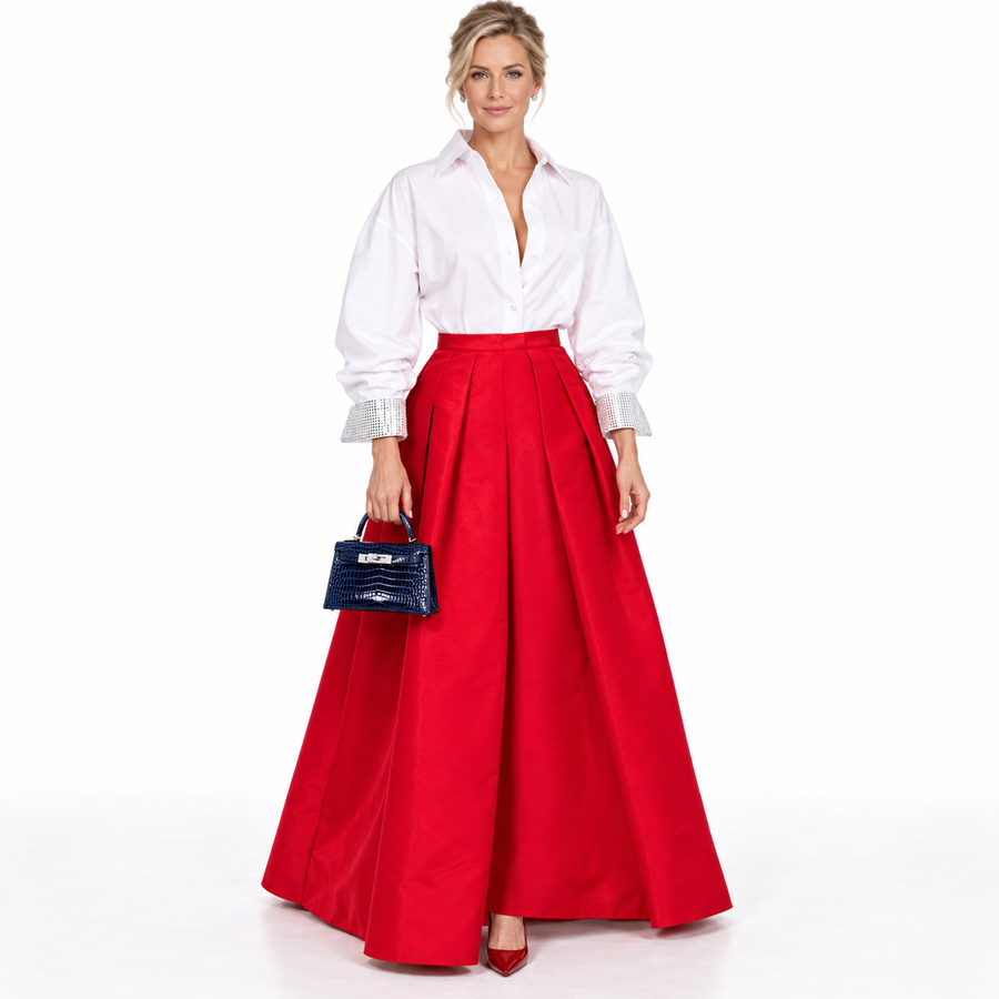 Hermès Kelly 20 Mini II Sellier Blue Sapphire Porosus Crocodile White Gold Hardware with Diamonds on a realistic adult human model in a white studio