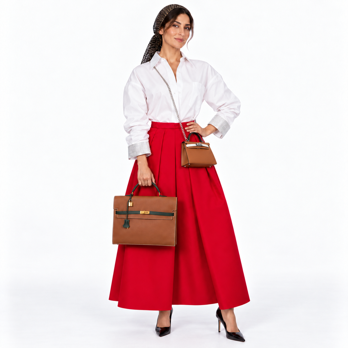 Hermès HSS Kelly Depeches 34 Gold and Vert Cypress Togo Gold Hardware on a realistic adult human model in a white studio