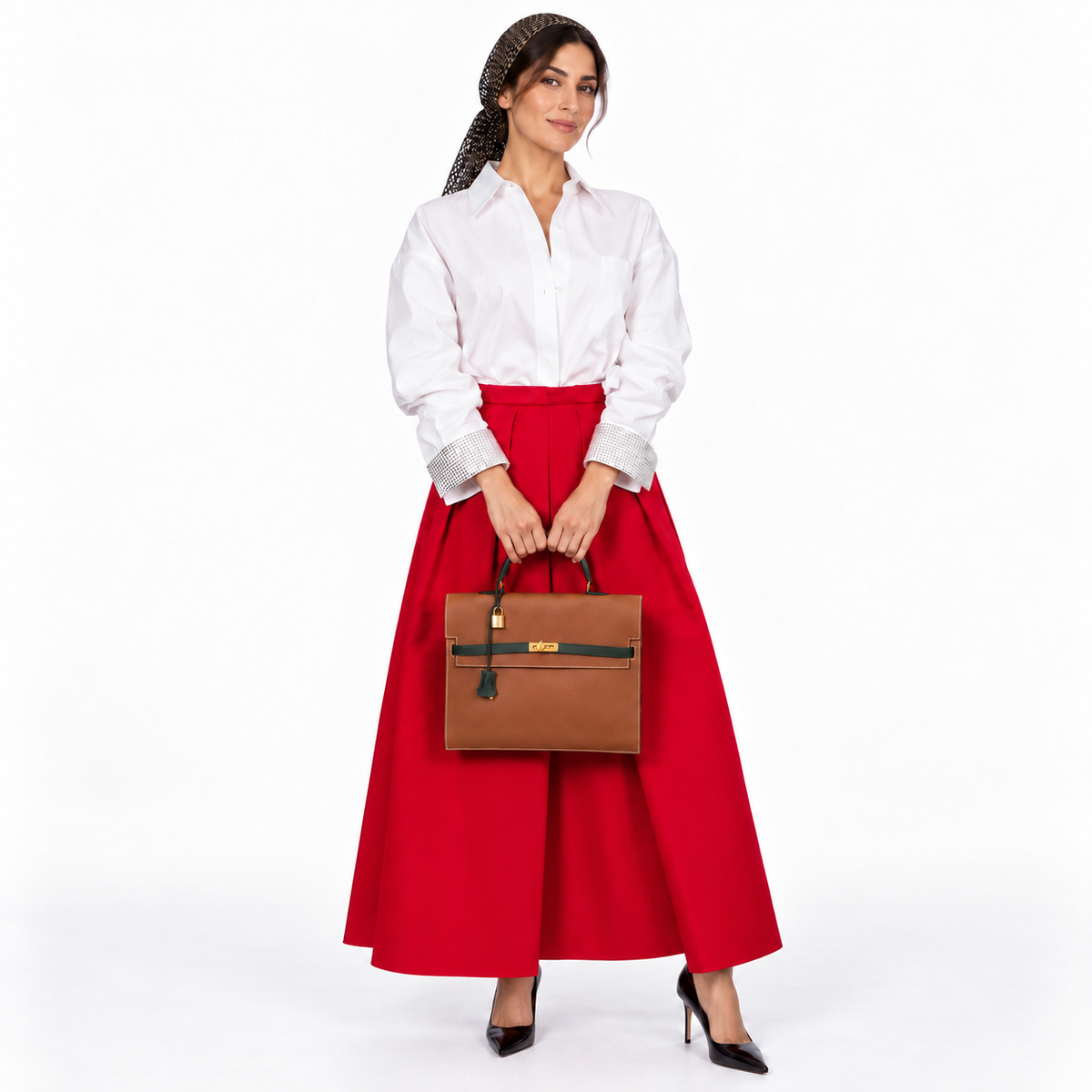 Hermès HSS Kelly Depeches 34 Gold and Vert Cypress Togo Gold Hardware on a realistic adult human model in a white studio
