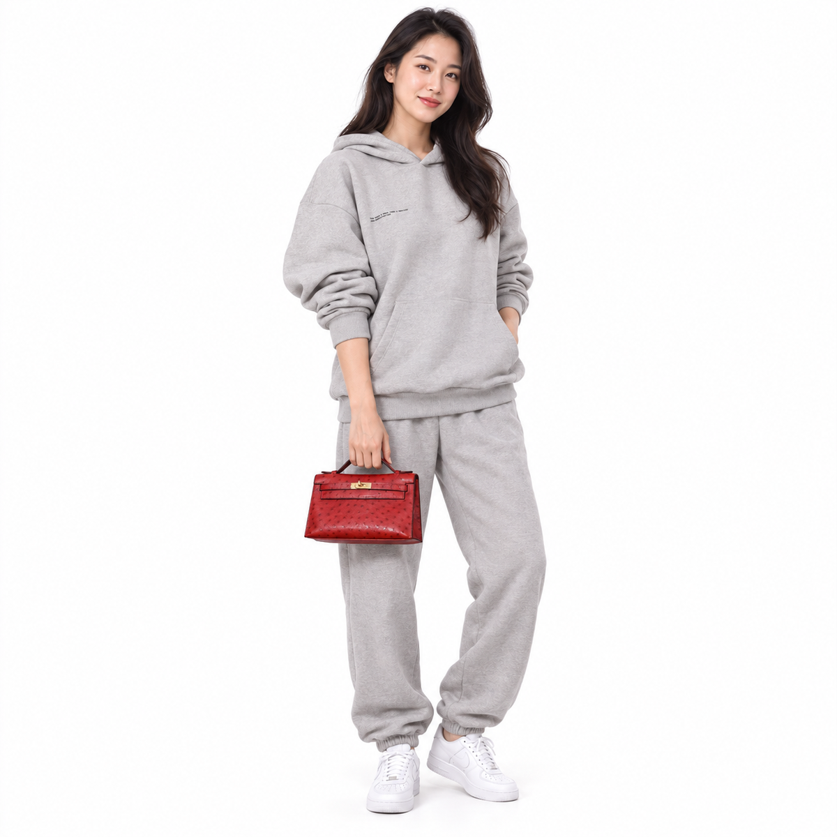 Hermès Kelly Mini Pochette Rouge Vif Ostrich Gold Hardware shown on a model in a white studio.