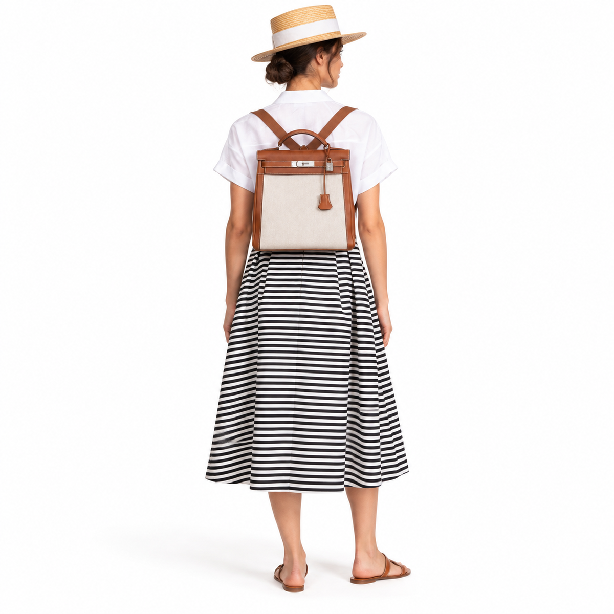 Hermès Kelly Ado backpack in Barenia and Toile with palladium hardware worn by a woman in a white blouse and striped skirt, rear view